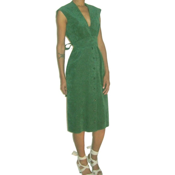 VTG Mollie Parnis Ultra Suede Green V-neck Pleated Buttoned Mod Dress w/ Belt - Picture 3 of 4